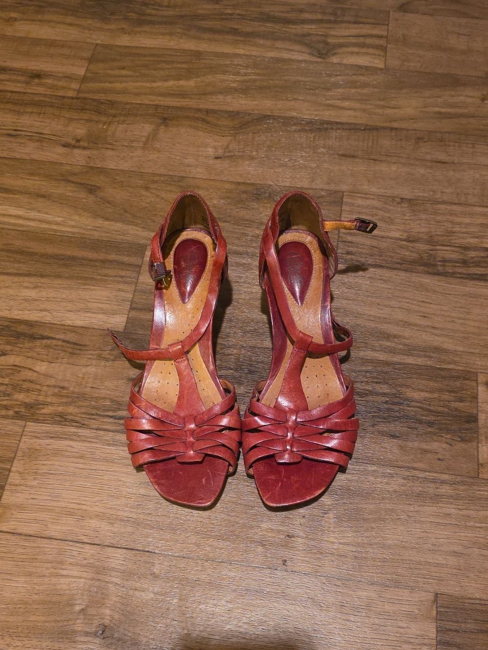 Clarks Red Leather Strappy Heeled Sandals